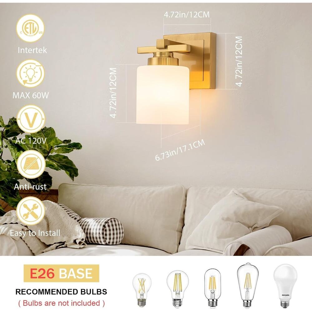 Brass Bathroom Wall Sconce with White Glass Shade - Picture 2 of 3